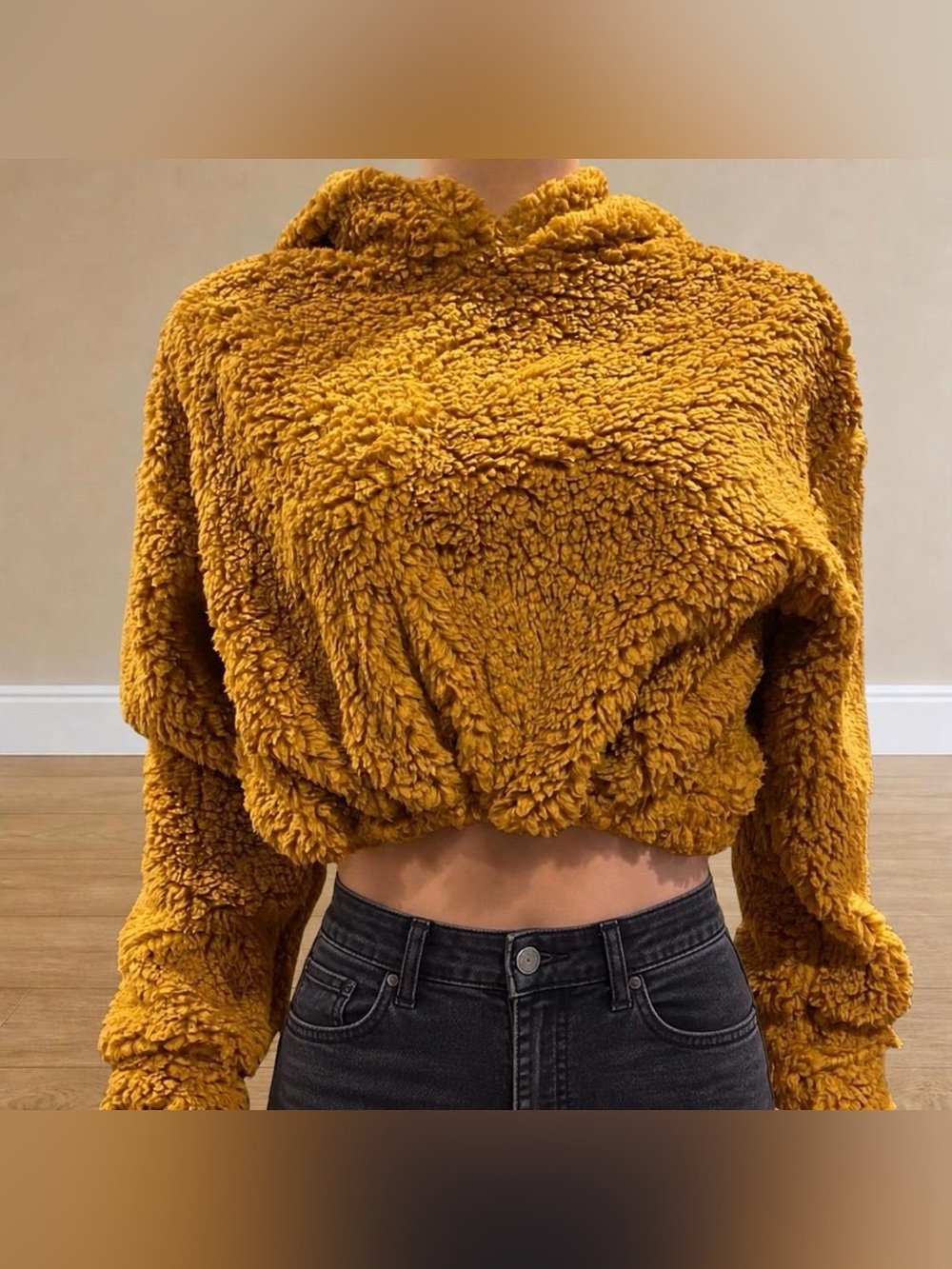 OOTDFash Mustard Teddy Sherpa Fleece Cropped Pullover Hoodie S